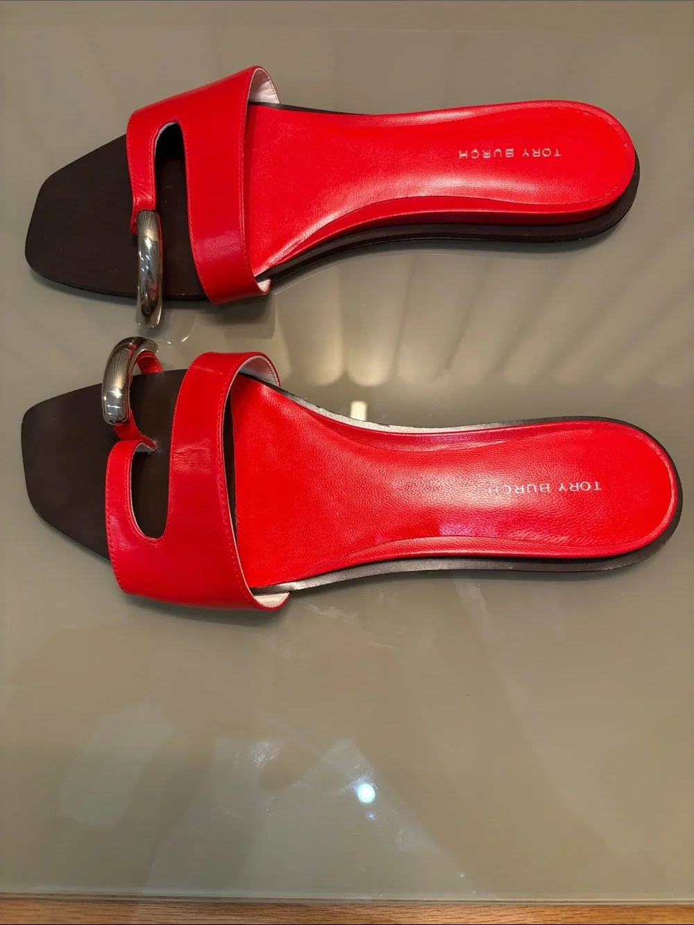Tory Burch Red Leather Slide Mules with Silver Accent
